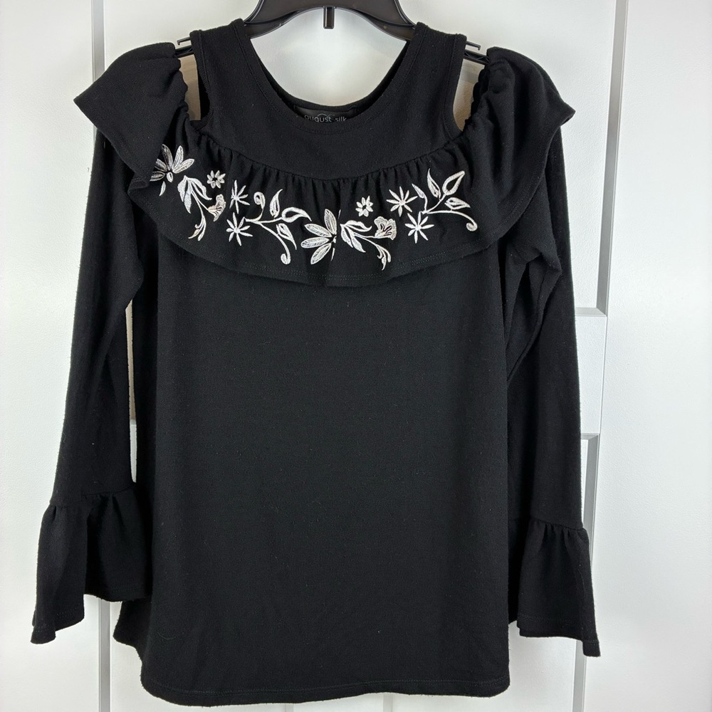 August Silk Women's Black Top Cutout Shoulders White Floral Embroidery Size S e